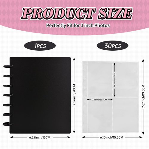 Kpop Photocard Binder with 30Pcs Inner Pages 3 Inch Photocard Holder Book Sleeves A5 Idol Card DIY Collector 2×3 Polaroid Photo Album, Black