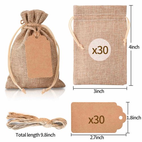30Pcs 3"x 4" Burlap Gift Bags and 30Pcs Gift Tags with Drawstring, Wedding Hessian Linen Sacks Bag, Jewelry Pouches for Birthday, Party, Present, Wedding Favors, Art and DIY Craft