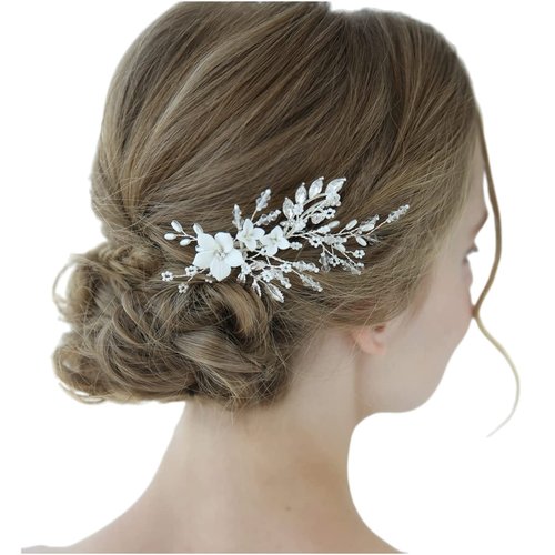 SWEETV Pearl Wedding Hair Clip Comb Barrette Flower Crystal Bridal Hair Accessories Silver Headpieces for Women Wedding