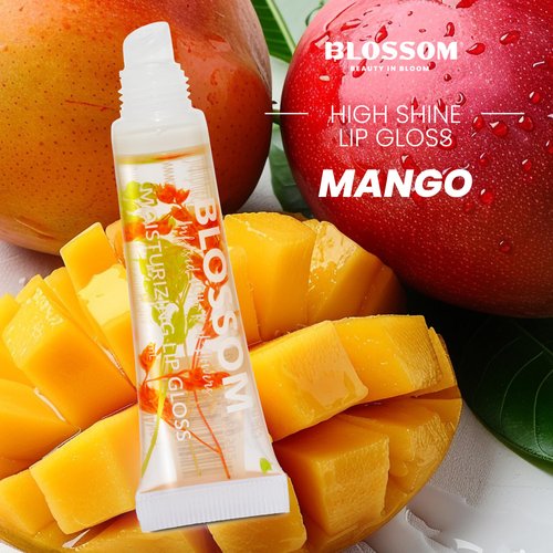 Blossom Flower Lip Gloss, High Shine Lip Gel, Scented, Thick Moisturizing Clear Lip Gloss Tubes with Nourishing Jojoba Seed Oil, Infused with Real Flowers, 0.3oz, Mango