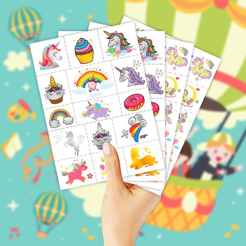 EMOEM Metallic + Glow Kids Tattoos Temporary, Waterproof Tattoo Stickers for Boys and Girls, Metallic Glitter Glow Party Favors Goodie Bag Stuffers (Unicorns)