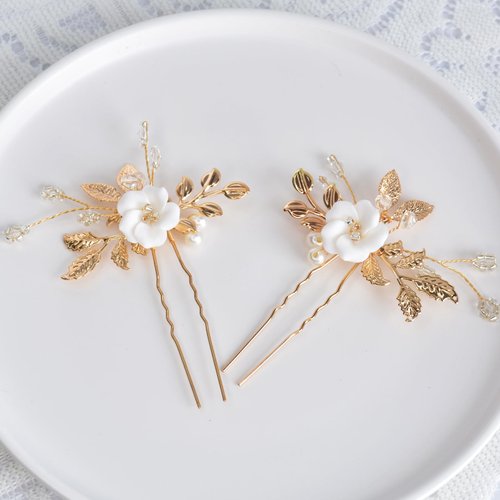 Beusoulover 2Pcs Bridal Hair Accessories, Gold Wedding Hair Pins Hair Pieces with White Flowers for Brides, Wedding, Party, Engagement, Prom... (Gold 2)