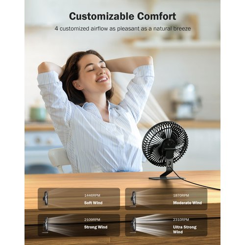 SLENPET 6 inch USB Desk Fan, 4 Speeds, Ultra-quiet, 90° Adjustment for Better Cooling, Portable Mini Powerful Desktop Table Fan, Small Personal Fan for Home Office, Metal Base, Black