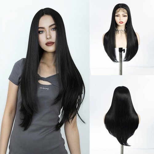 REBECCA STYLE Long Black Wig Long Straight Synthetic Lace Front Wigs Pre Plucked Natural Hairline Glueless Heat Resistant Hair Wig for Fashion Women (24 Inch, Black)