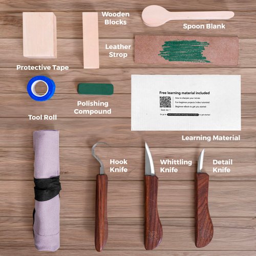 Schaaf Wood Carving Tools Knife Kit | Wood Carving Kit Includes Detail Whittling Knife, Sloyd Carving Knife, Spoon Carving Knife, Basswood Carving Blocks, Strop and Learning Material for Beginners