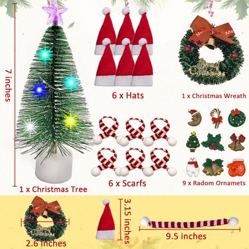 1/12 Scale Dollhouse Christmas Decorations – 8inch Pre-Decorated Mini Desktop Christmas Tree, Miniature Wreath, Hats & Scarves – Perfect Holiday Accessories for Dollhouse Décor