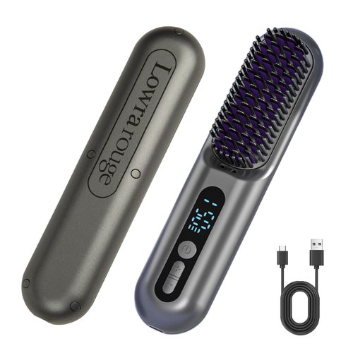 LOWRA ROUGE Cordless 2 in 1 Hair Straightener Brush, 30s Fast Heating Portable Mini Hair Straightening Brush for Travel, Usb Recharge & On-The-Go with Anti-Scald & Auto-Off Function-Black