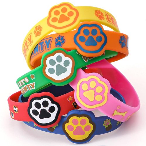KELENO 24 Dog Paw Party Favors Birthday Supplies for Kids Paw Print Silicone Wristbands Bulk Toy Gift Goodie Bag Stuffer Class Prize Filler Christmas Easter Dog Themed Party Favors