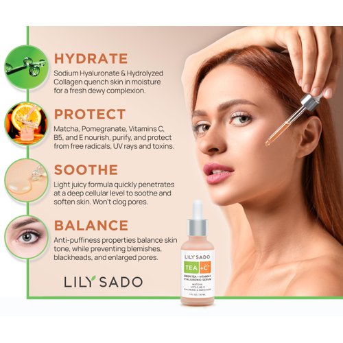 LILY SADO TEA+C Green Tea + Vitamin C Super Serum by - Natural Vegan Serum - Best Antioxidant, Anti-Wrinkle Moisturizing Formula - Softens, Hydrates, Firms & Tones for Luscious, Radiant Skin