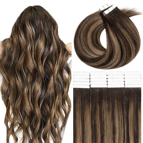 Lacer 12 Inch Tape in Hair Extensions Human Hair Rooted Dark Brown to Chestnut Brown Highlight Dark Brown Seamless Invisible Silky Straight Tape in Hair Extensions Real Human Hair 30g 12pcs