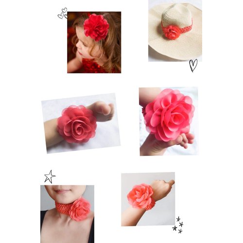 KW Collection Girl Baby Headbands with Chiffon Rose Flower Elastic Crochet Hair Bands Ankle Wrist flower Hat Decoration (Band: 1.6"×5.5", with Chiffon Rose, 20 colors, 1 pcs per color)