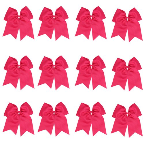 8 Inch Cheerleader Bows Ponytail Holder Solid Color Cheerleading Bows Hair Tie (Shocking Hot Pink)