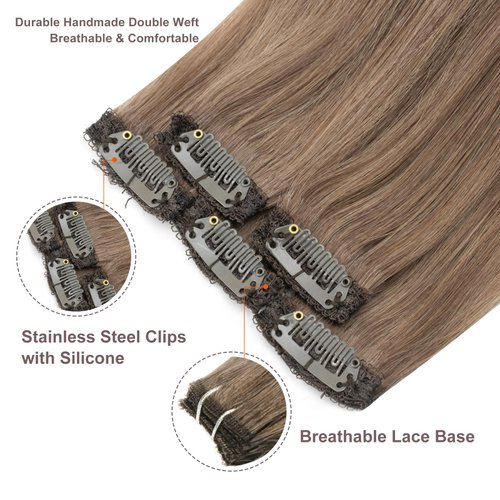 FUBILI Ash Brown clip in hair extensions Natural Remy Real Human straight Hair Extensions 30g 5pcs 22 Inch