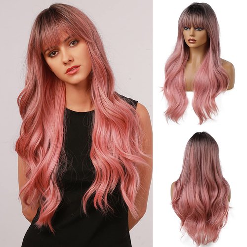 Esmee 24" Women Synthetic Wigs Long Wavy black Ombre pink with Fluffy Air Bangs Light Cosplay Party Wig