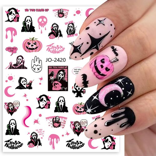 6 Sheets Halloween Nail Art Stickers 3D Self Adhesive Nail Decals Witch Black Cat Skull Spider Pumpkin Ghost Nail Design Stickers for Women Girls Halloween Nail Decoration DIY Manicure