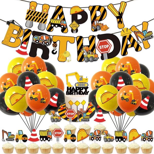 TantoyLeyuan 36 PCS Construction Birthday Party Supplies with 1Construction Birthday Banner 17 Cupcake Toppers and 18 Construction Balloons Dump Truck Party Decorations Favors for Boys
