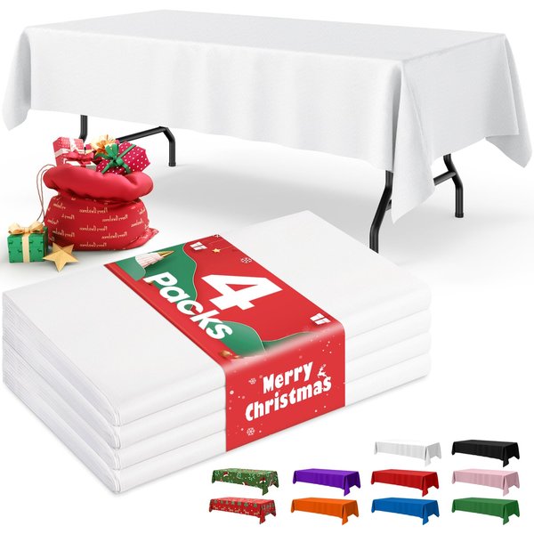 Niuara White Plastic Table Cloth Rectangle Table 4 Pack, 54''×108'' White Tablecloth for 6ft Tables, Table Cloth for Disposable Use, Table Cover for Holiday Party, Gathering