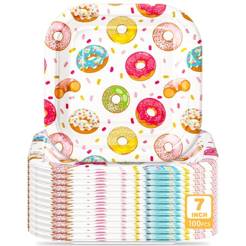 Potchen 100 Pcs Donut Theme Dessert Plates Bulk 7 x 7 Inch Sweet Donut Paper Plates Disposable Square Donut Paper Plates for Birthday Baby Shower Party Decor Supplies