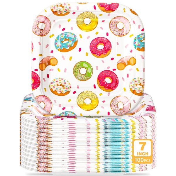 Potchen 100 Pcs Donut Theme Dessert Plates Bulk 7 x 7 Inch Sweet Donut Paper Plates Disposable Square Donut Paper Plates for Birthday Baby Shower Party Decor Supplies