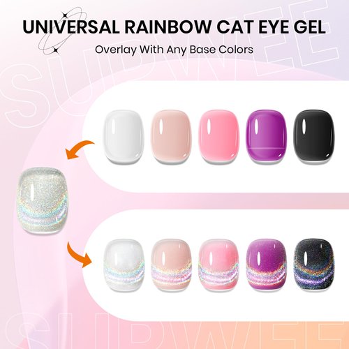 SUPWEE Rainbow Cat Eye Gel Polish - 15ml Holographic 9D Cat Eye with Magnetic Stick for a Glittery Iridescent Galaxy Effect Soak Off UV Lamp Perfect for Nail Art & DIY Manicures at Home