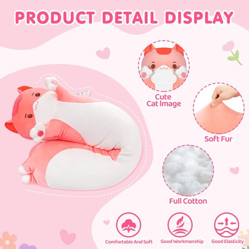Long Cat Plush 5 Sizes, 120% Extra Filling Giant Plushness Body Pillow, Kawaii Cute Pink Cat Stuffed Animals Soft Stuffed, Extra-Long Pillow Cat Plushies Gift for Girls Kids 20"