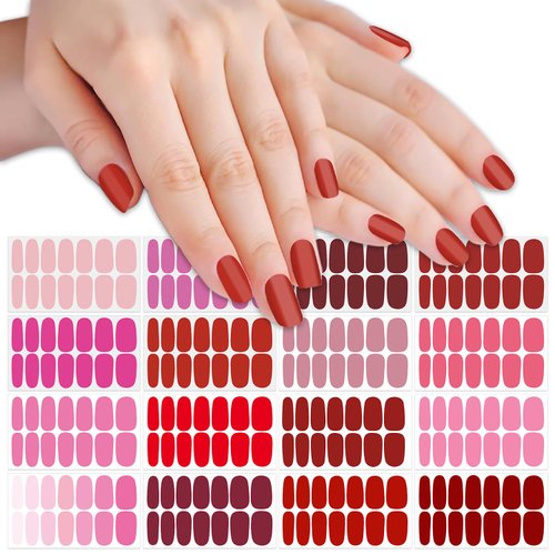 SILPECWEE 16 Sheets Pink Red Nail Polish Stickers Full Nail Wraps for Women Stick on Nail Polish Strips Gel Nail Strips Solid Color Self Adhesive Fingernail Manicure Design with Nail File