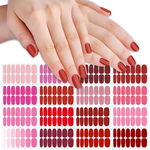 SILPECWEE 16 Sheets Pink Red Nail Polish Stickers Full Nail Wraps for Women Stick on Nail Polish Strips Gel Nail Strips Solid Color Self Adhesive Fingernail Manicure Design with Nail File