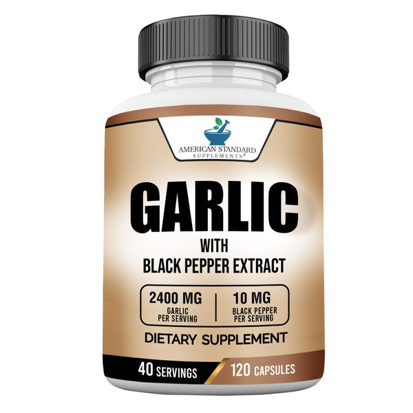 American Standard Supplements Garlic 2400mg Per Serving with Black Pepper Fruit Extract – Vegan, Gluten Free, Non-GMO, 120 Capsules, 40 Servings