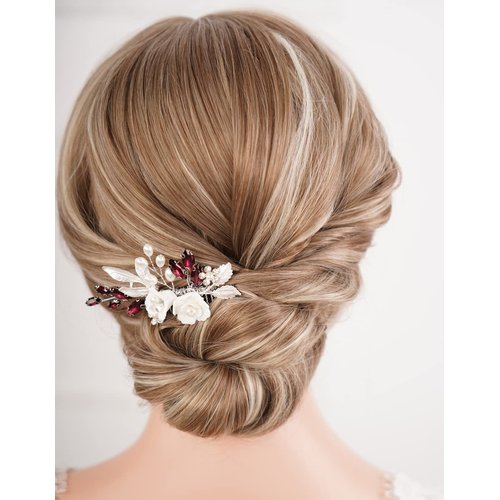 Missgrace Wedding Crystal Pearl Leaf Rhinestones Hair Comb, Silver Wine Red, Bridal Flower Side Hair Accessory for Brides Women