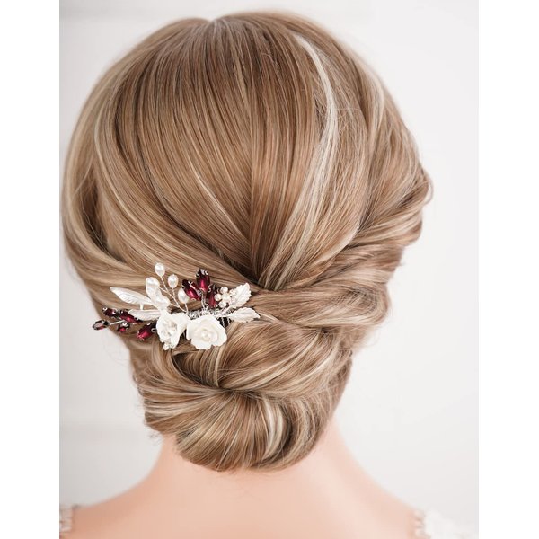 Missgrace Wedding Crystal Pearl Leaf Rhinestones Hair Comb, Silver Wine Red, Bridal Flower Side Hair Accessory for Brides Women