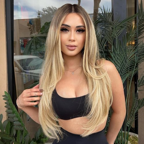 XIXIBI Blonde Wigs Glueless Wigs for Women Pre Plucked Pre Cut Lace Front Wigs for Beginners Ombre Blonde Long Layered Straight Wigs Synthetic 26 Inches Middle Part Wig for Girls Daily Party Use