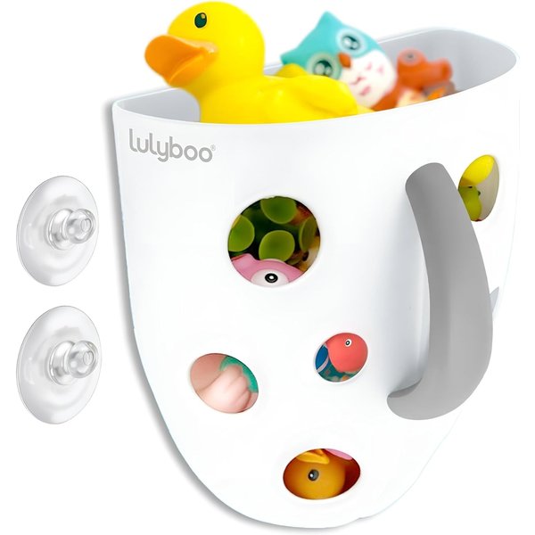 Lulyboo Bath Toy Holder for Bathtub - No-Slip Two Suction Cups Collector - Bath Toy Storage for East Cleanup - Bath Toy Organizer Making Organization Enjoyable - Bath Toy Caddy Basket - White & Grey
