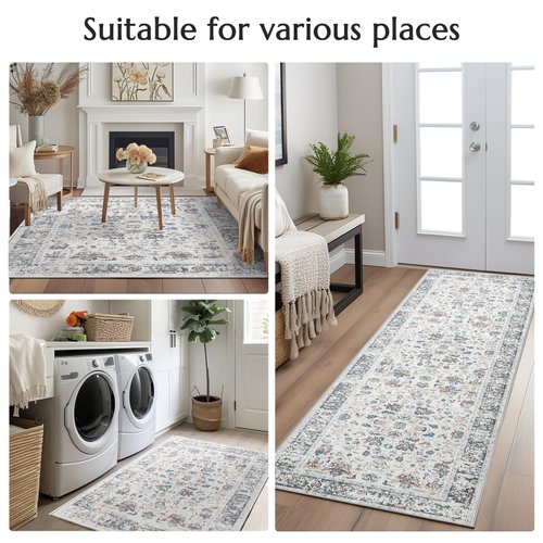 jinchan Area Rug 2x3 Entryway Rug - Washable Rug Vintage Rug Floral Doormat Small Rug Indoor Boho Thin Rug Non-Slip Retro Accent Rug Distressed Carpet for Bathroom Kitchen Bedroom Grey Multi