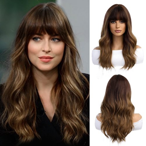 OUFEI 20 Inches Long Nature Curly Black Ombre Brown Wigs for Women Natural Synthetic Hair Heat Resistant Wigs for Daily Party Cosplay Wear