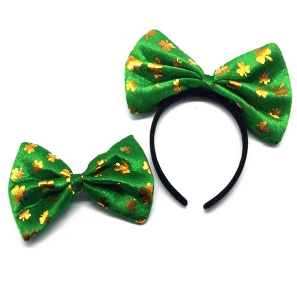 ZCYYYS St. Patrick's Day Bow Headband with Sash for Women Adult Girls Green Shamrock Clover Bow Headbands TSFG11 (Gold Bow Tie Set)
