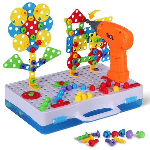Creativity Tool Box with Drill Screwdriver Toy Set, STEM Building Toys for Kids 3+ Year Old, Creative Building Blocks Pegboard Kits for Boys & Girls 3 4 5 6 7 8 Year Old
