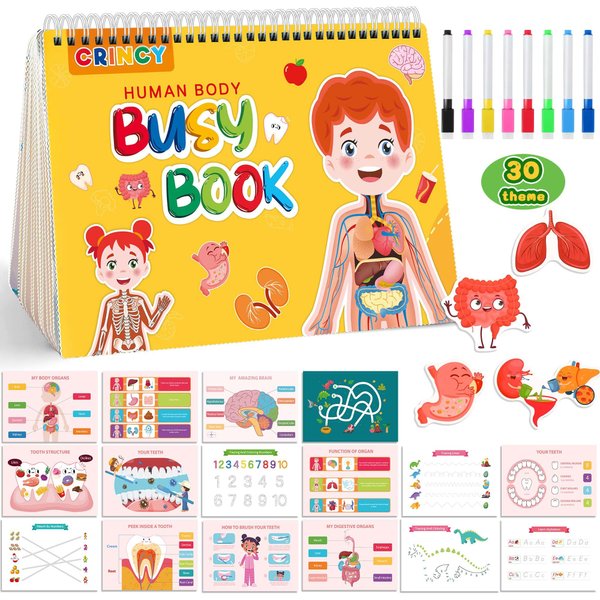 Montessori Busy Book for Toddlers 3-5, Preschool Learning Activities 30 Theme, Human Anatomy Busy Book for Kids, Autism Sensory Education Travel Toy Birthday Gifts for Boys and Girls 6 7 8 Years.
