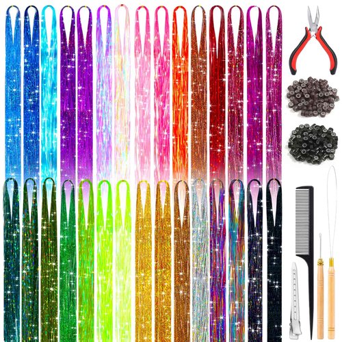 30 Shiny Colors Fairy Hair Tinsel Kit, 48 Inch 6000 Sparkle Hair Glitter Strands with Hair Extension Tools for Women Girls Kids Rave Festival Party Hair Tensile Kit