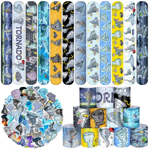 Lcnjscgo 74 PCS Tornado Party Favors, 50 PCS Tornado Stickers 24 PCS Tornado Slap Bracelets Tornado Weather Birthday Party Decorations Supplies for Kids Boys Girls Classroom Rewards