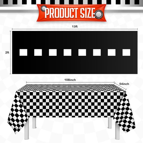 Remagr 24 Pcs Race Car Theme Birthday Party Supplies, 8 Pcs Traffic Cones, 12 Pcs Black and White Checkered Flags, 2 Pcs Inflatable Tire Tubes, Black Floor Runner, Checkered Tablecloth(Classic Style)