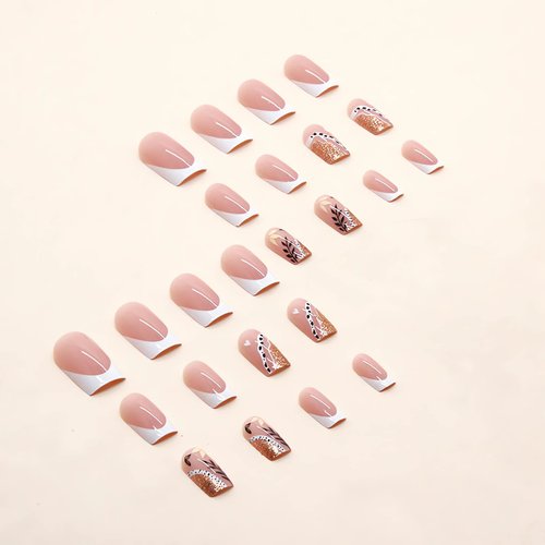 IMSOHOT Short Press on Nails Square French Faks Nails Nude Squoval False Nails Glossy Acrylic Nails Glue on Nails Glitter with Leaf Designs 24PCS