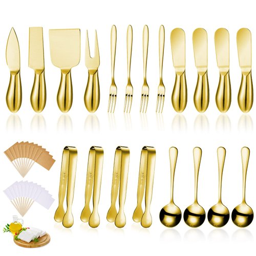 Patelai Spreader Knife Set Cheese Butter Spreader Knife Cheese Slicer Knife Stainless Steel Blade with Handles Mini Serving Tongs Spoons and Forks for Birthday Wedding Christmas (20, Golden)