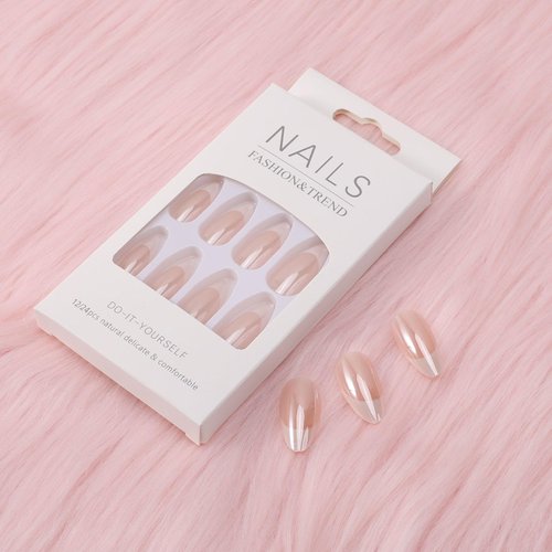 24PCS Press On Nails, Mirror Metal Stiletto Fake Nails, Almond Medium Shape, Stick on Nails, Glue on Nails False Nails (Aurora White Tip)