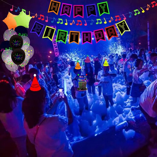 Neon Happy Birthday Party Decorations Gift Set, Including Glow in the Dark Banner, Neon Balloons, Foil Balloons, Cake Topper, Hanging Music Notes, Hats