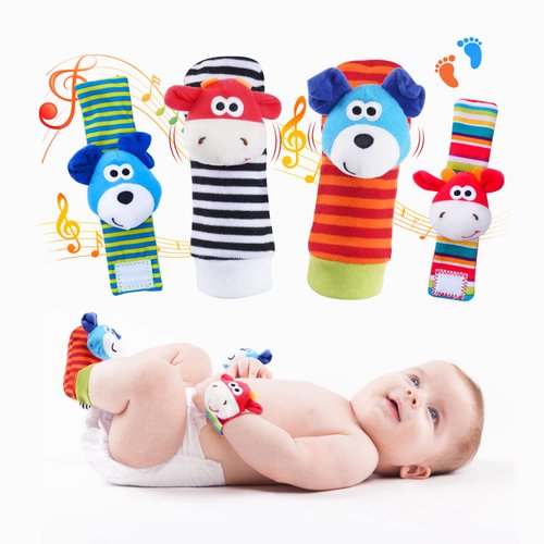 Koty Baby Wrist Rattles Foot Finder Toys Set, Toddler Rattle Sock, Arm Hand Bracelet, Feet Leg Ankle Socks, Gift for Newborn Infant Babies Boy Girl Bebe(Dog & Cow)