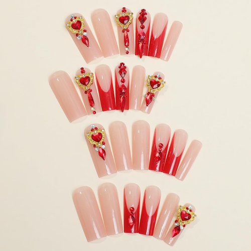 SINSEN Long Square Press on Nails Rhinestone Acrylic Fake Nails Glossy Red French Tip False Nails Very Long Glue on Nails Kit Reusable Stick on Nails Finger Manicure Decorations for Women, 24PCS