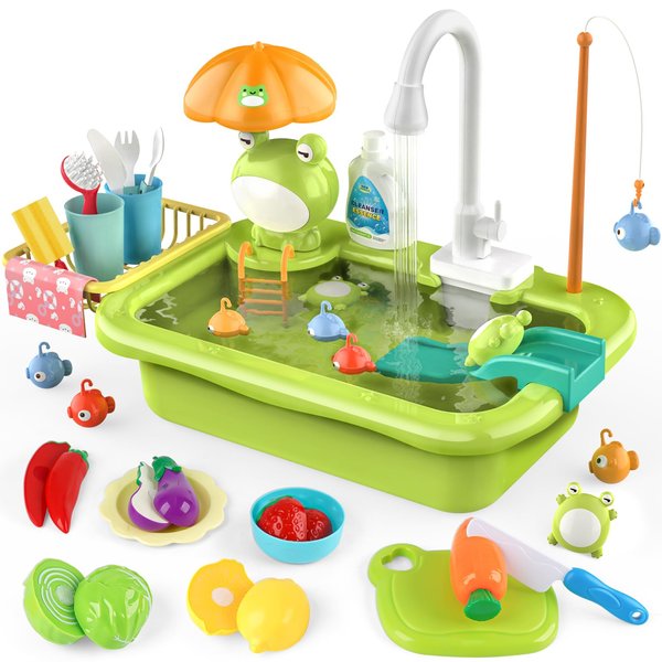 Dreamon Play Sink Toy with Running Water, Kids Play Kitchen Accessories with Automatic Water Circulation, Pool Floating Fishing Game, Toddler Kitchen Playset for Boys and Girls