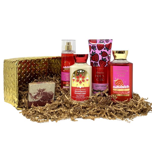 Bath & Body Works Strawberry Pound Cake Deluxe Gold Woven Basket Gift Set with a Cherry On Top Bar Soap - Fragrance Mist - Body Cream - Shower Gel and Body Lotion - Full Size