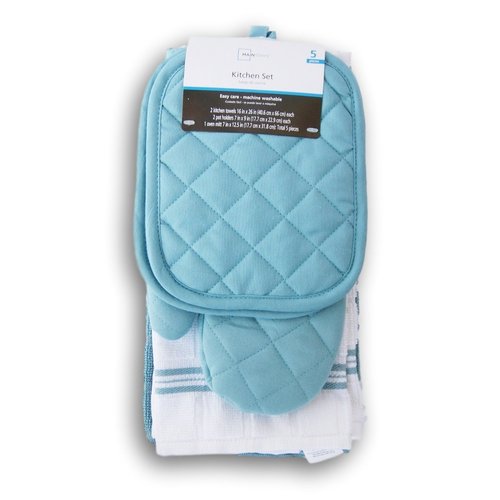 Topaz Kitchen Towel Set 5 Piece - Pot Holders, Oven Mitt and Terry Kitchen Towels