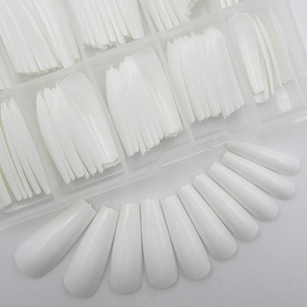 Colored Coffin Press on Nails Long Ballerina False Fake Nail Tips Full Cover Manicure Design Acrylic Nails 100pc for Women Teen Girls (White)